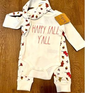 Rae Dunn NWT 0-3M Happy Fall Yall Onesies, headband, Pants Set